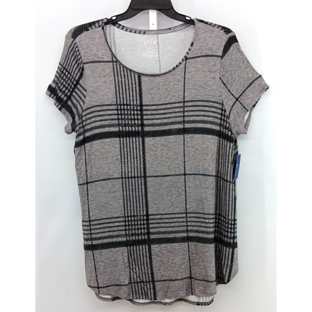 Apt 9 Shirt Women Size XL Gray Black Short Sleeve Round Neck Casual Tunic Top